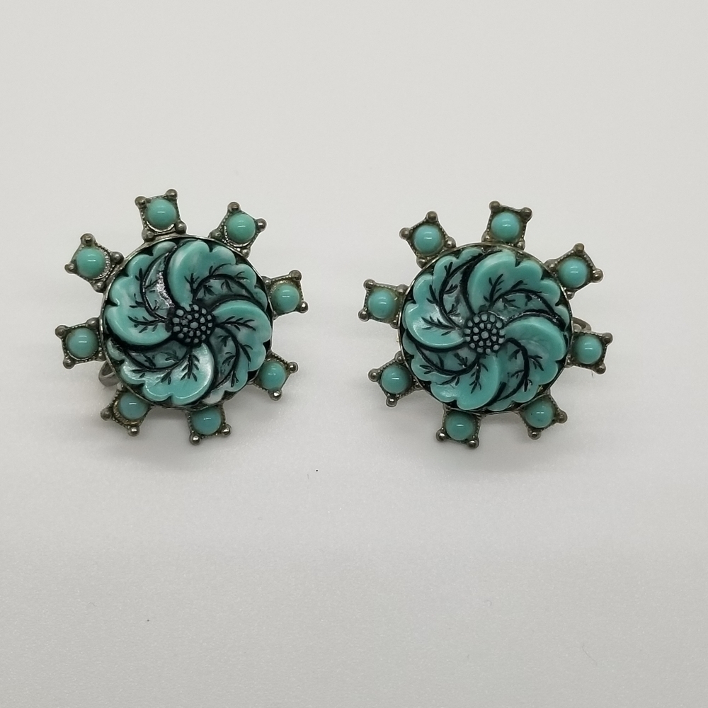 floral screwback earrings turquoise colored